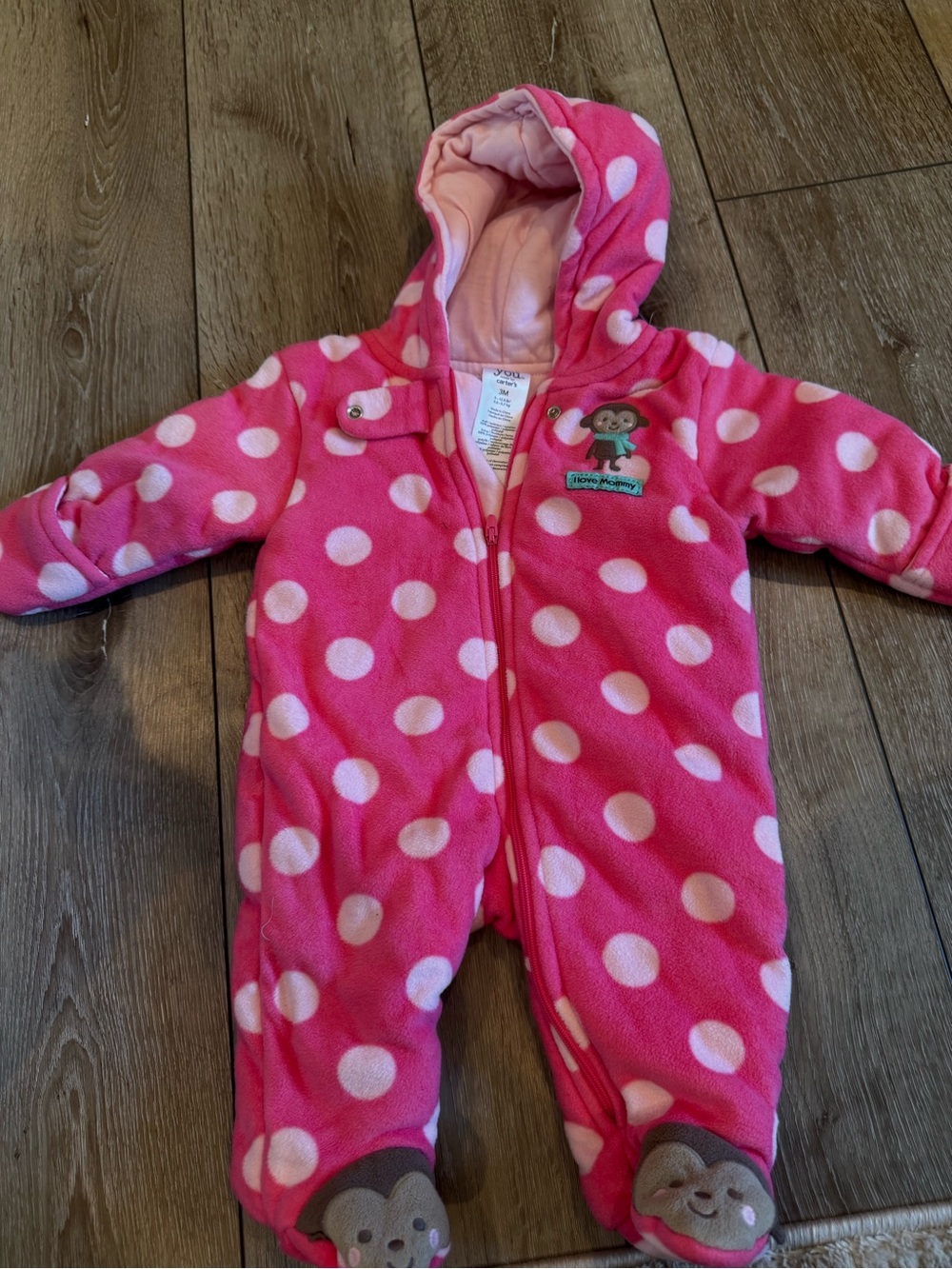 Pink Polka Dot Hooded Infant One-Piece with Monkey Applique